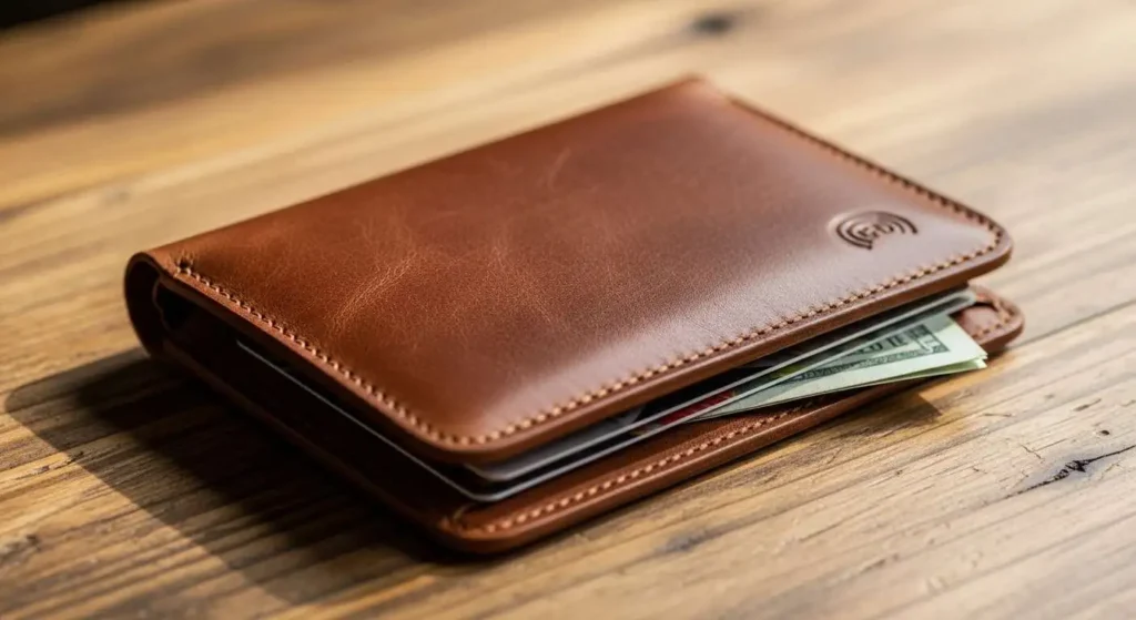 Premium brown leather minimalist wallet with cards and cash on wooden table.