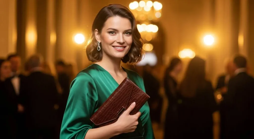 American woman holding a leather clutch bag at an evening event.